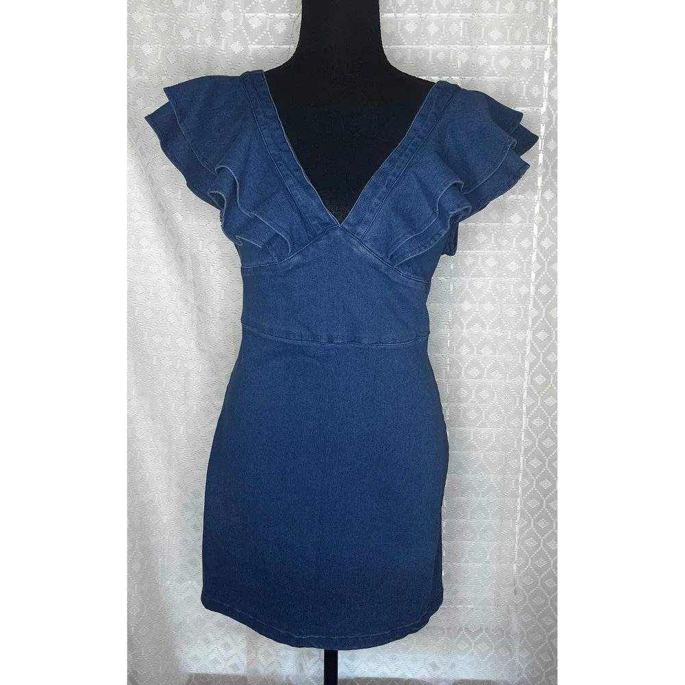 Flying Tomato Denim Mini‎ Dress Ruffle Sleeves V Neck Dark Wash Size M, NWT - Picture 2 of 7